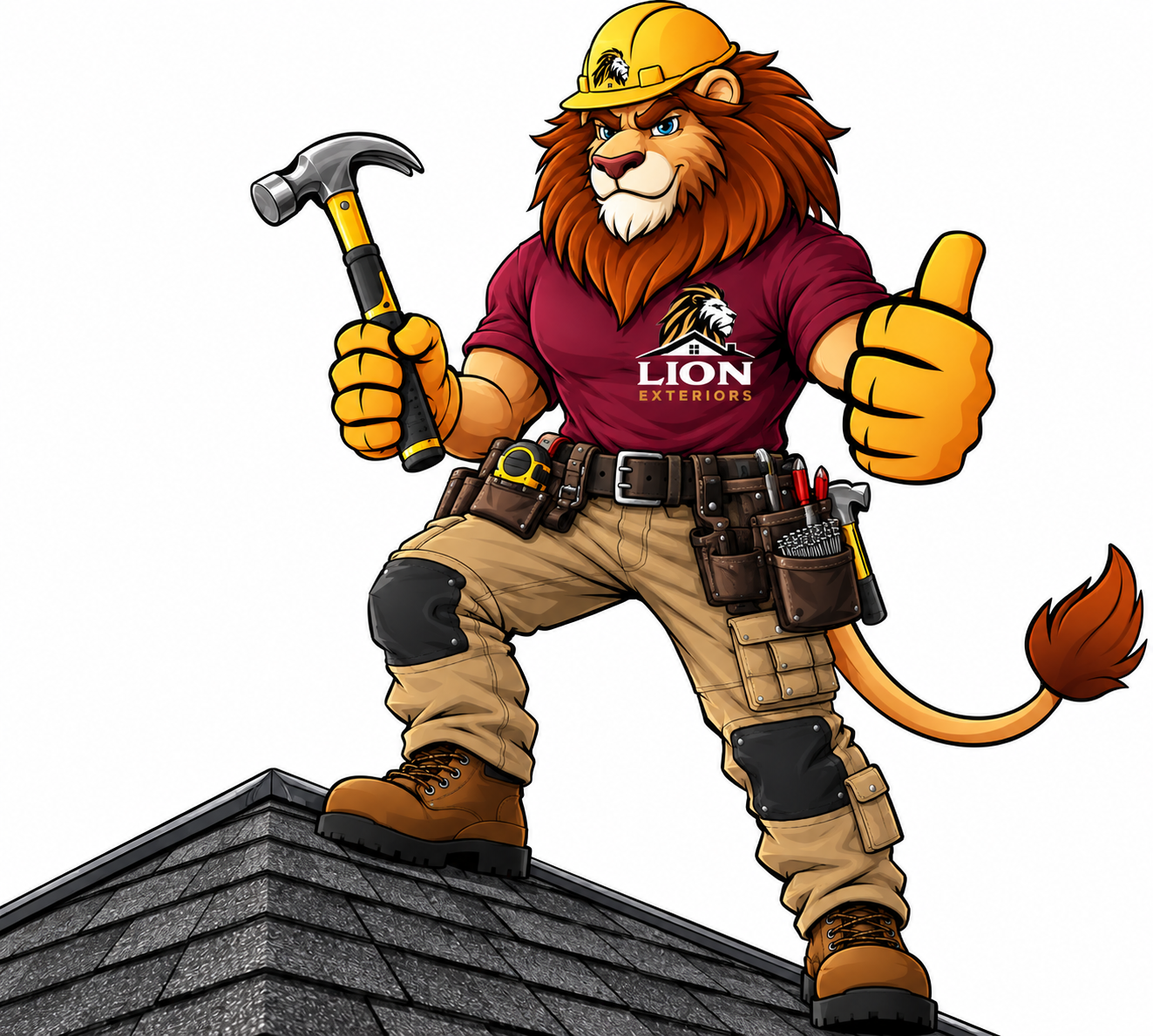 LION Exteriors’ lion mascot in a hard hat, standing proudly on a roof